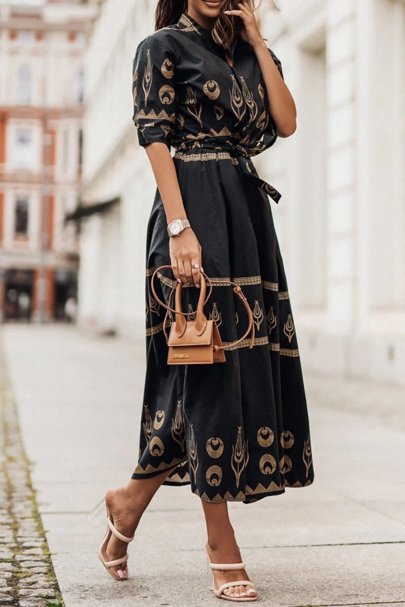 Eva | Robe midi bohème femme à imprimé et ceinture