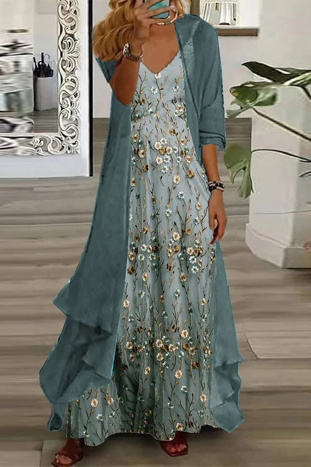 Lorena | Conjunto maxi para mujer con vestido floral y cárdigan largo