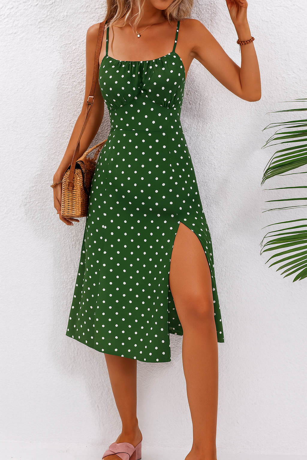 Jimena| Polka dot midi dress with thin straps and side slit