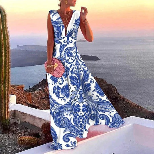 Nuria | Vestido maxi floral para mujer sin mangas y escote en V