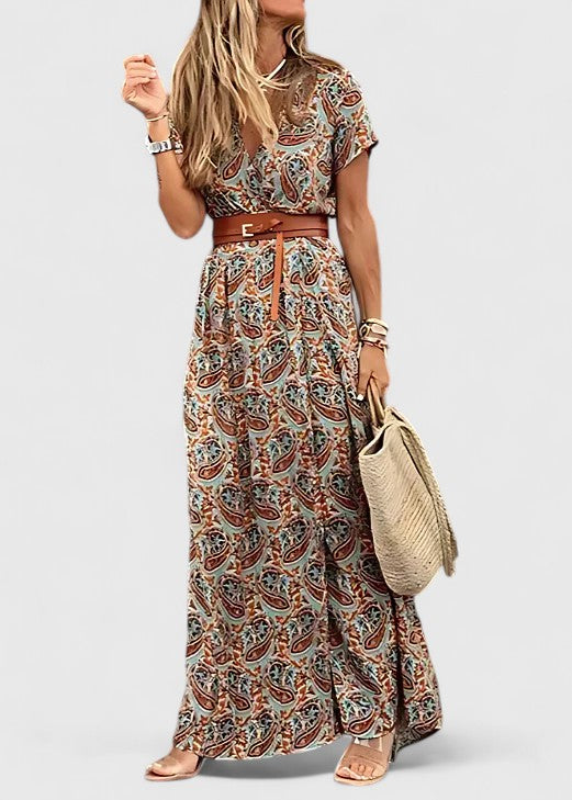 Elira | Robe maxi bohème pour femme avec col en V et manches courtes
