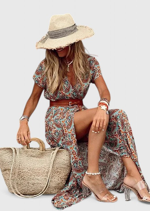 Elira | Robe maxi bohème pour femme avec col en V et manches courtes
