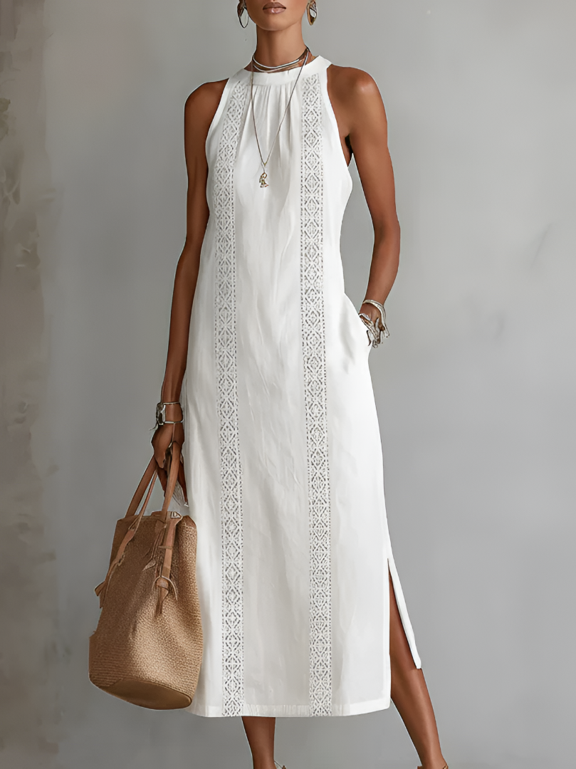 Gregoria | Vestido midi bordado con cuello alto amplio
