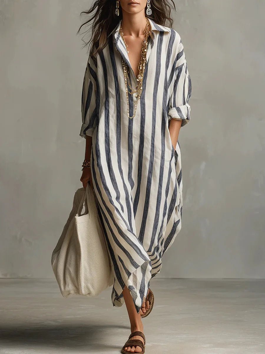 Susana | Vestido largo de lino para mujer con rayas y manga larga