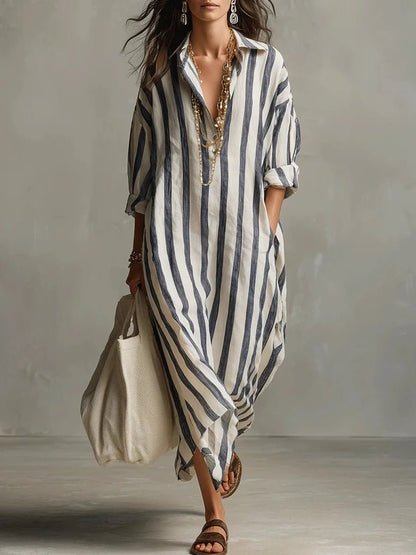 Susana | Vestido largo de lino para mujer con rayas y manga larga