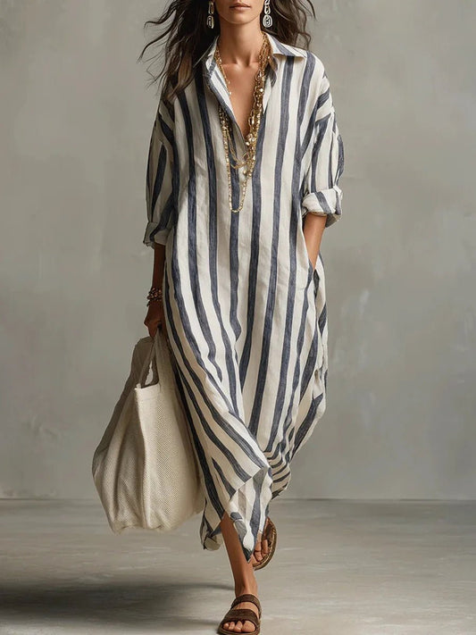 Susana | Vestido largo de lino para mujer con rayas y manga larga