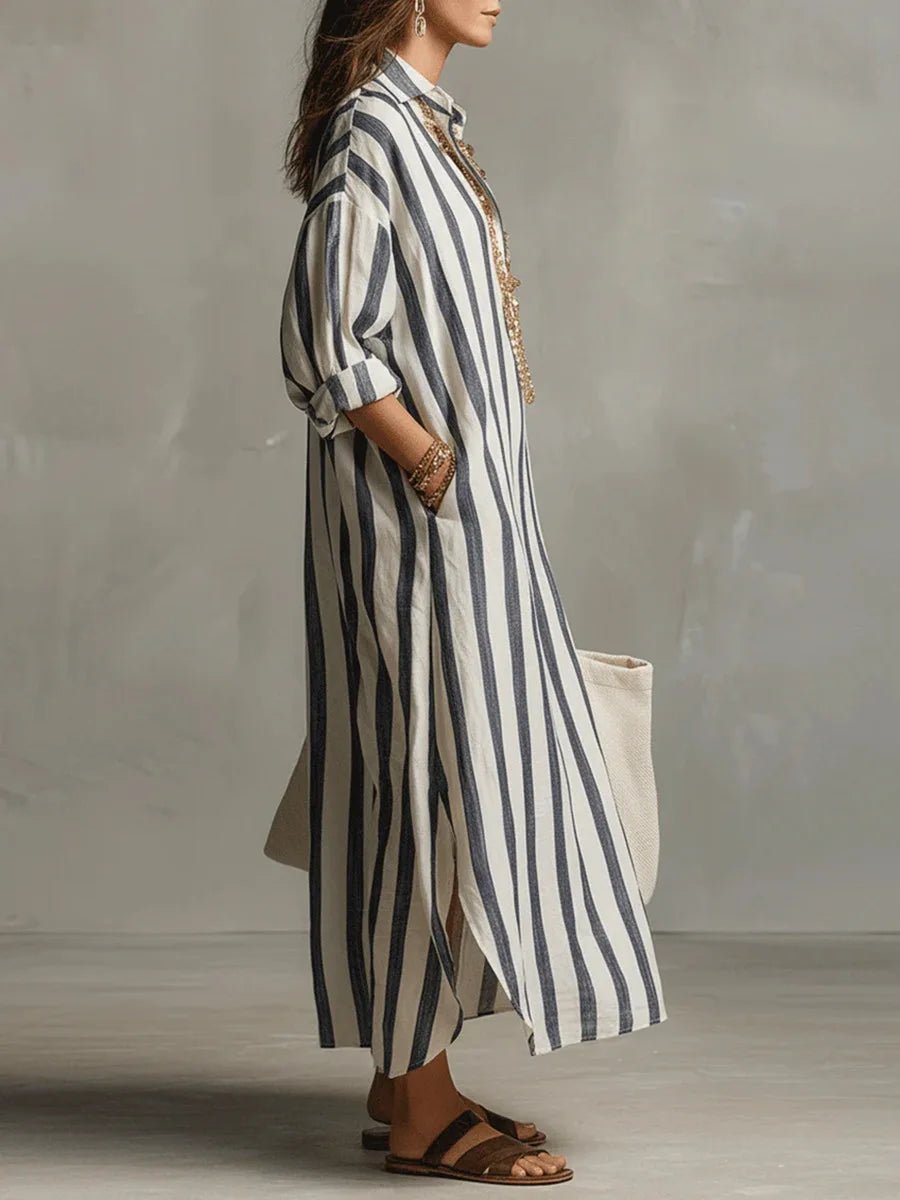 Susana | Vestido largo de lino para mujer con rayas y manga larga