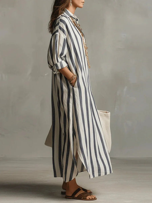 Susana | Vestido largo de lino para mujer con rayas y manga larga