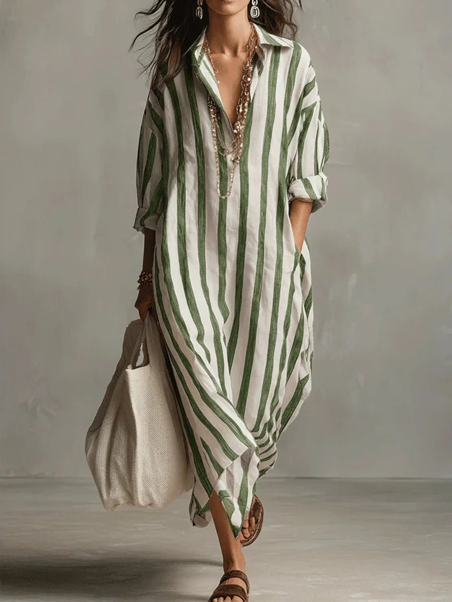 Susana | Vestido largo de lino para mujer con rayas y manga larga
