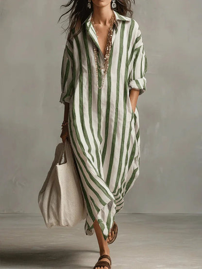 Susana | Vestido largo de lino para mujer con rayas y manga larga