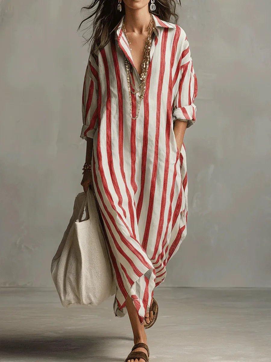 Susana | Vestido largo de lino para mujer con rayas y manga larga