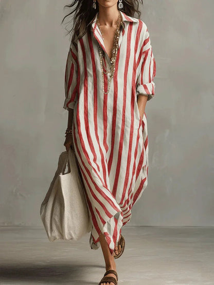 Susana | Vestido largo de lino para mujer con rayas y manga larga