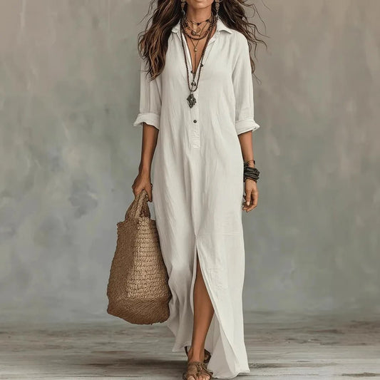 Genoveva | Vestido camisero maxi de lino con manga francesa y corte holgado
