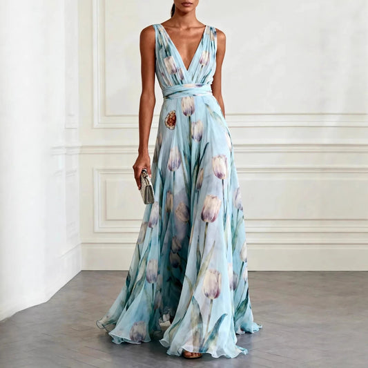 Lourdes | Vestido largo cruzado para mujer con escote profundo y sin mangas