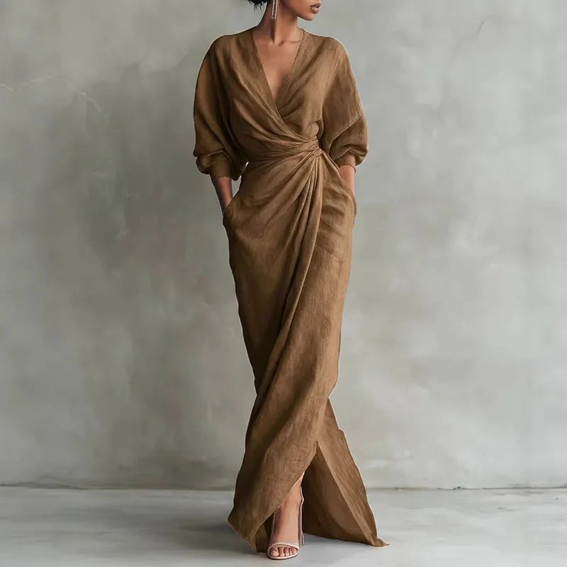 Leticia | Vestido maxi cruzado con escote en V y manga larga
