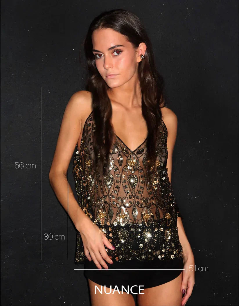 Mireia | Glamorous fitted top with thin straps and sparkly details