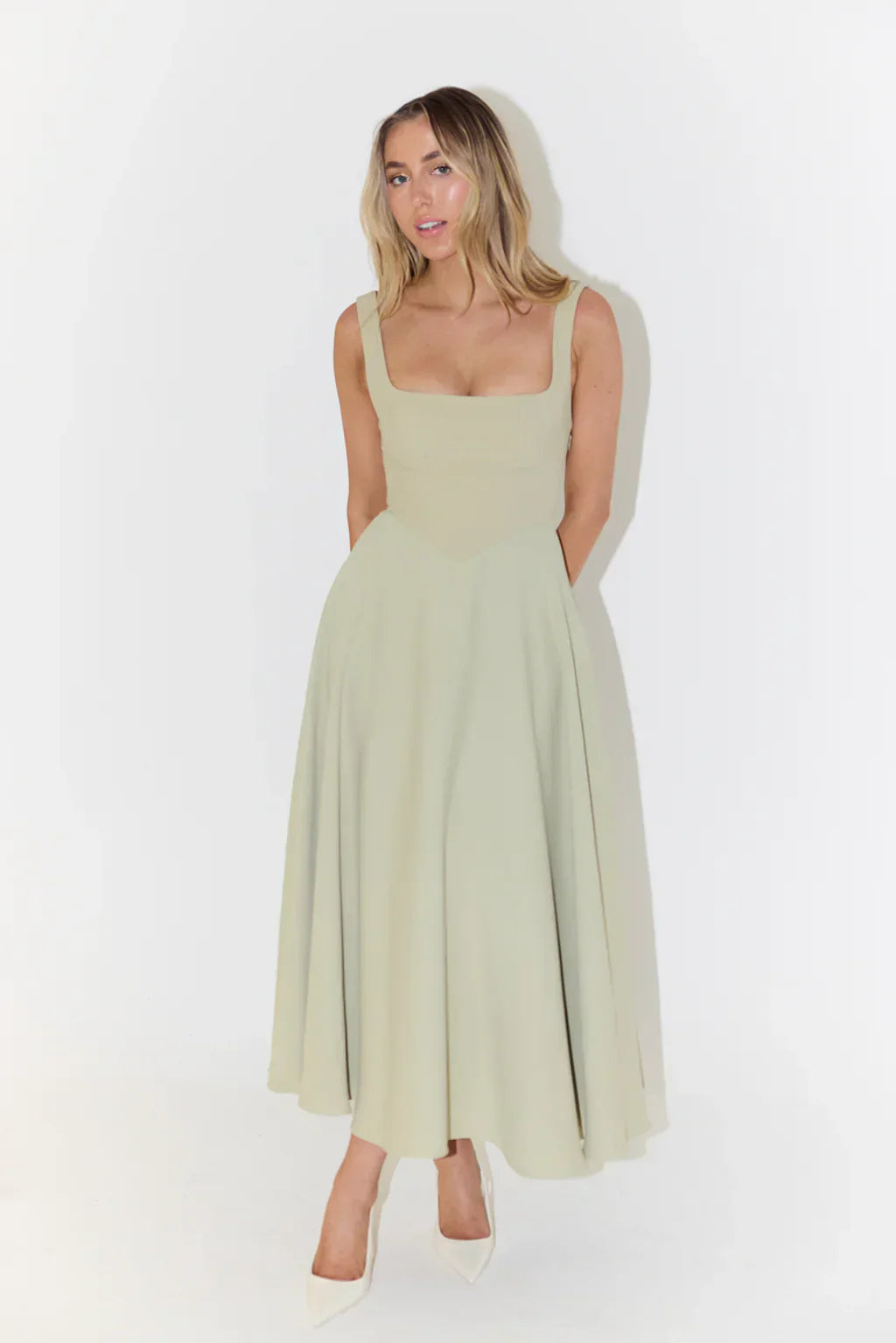 Sergia | Midi dress with high waist and square neckline