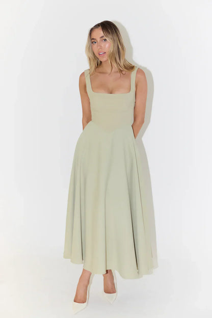 Sergia | Midi dress with high waist and square neckline