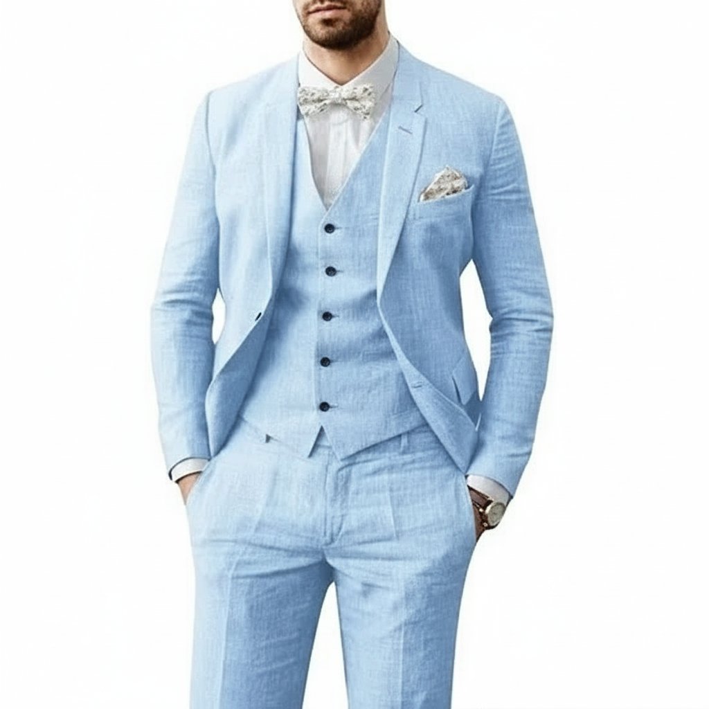 Nicolás | Traje de lino para hombre con chaleco y corte entallado de boda