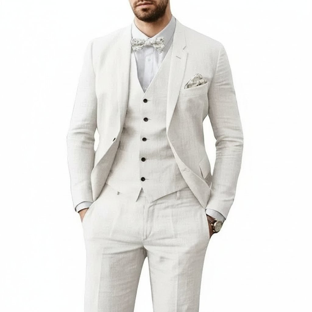Nicolás | Traje de lino para hombre con chaleco y corte entallado de boda