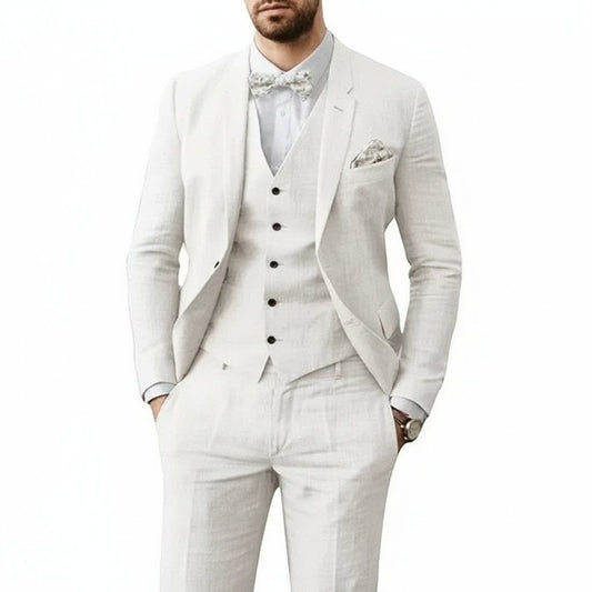 Nicolás | Traje de lino para hombre con chaleco y corte entallado de boda
