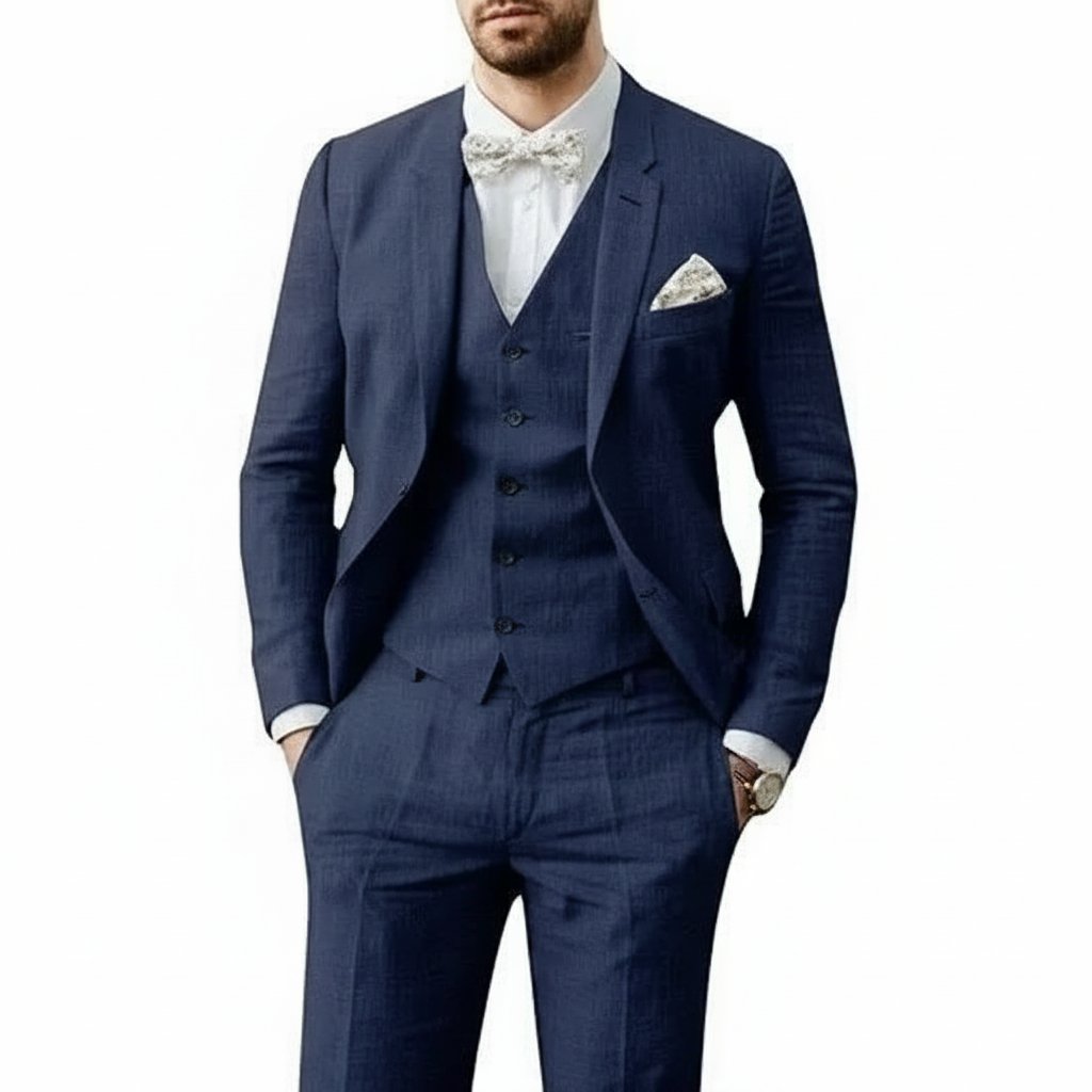 Nicolás | Traje de lino para hombre con chaleco y corte entallado de boda