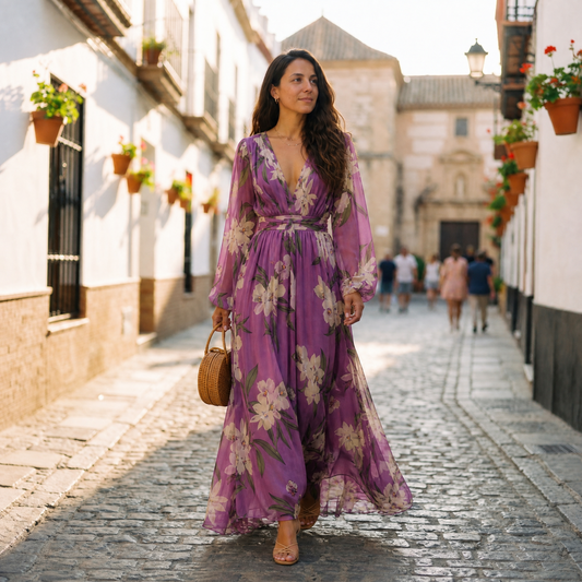 Elena | Maxikleid mit Blumenmuster für Damen mit V-Ausschnitt und bequemem Design  