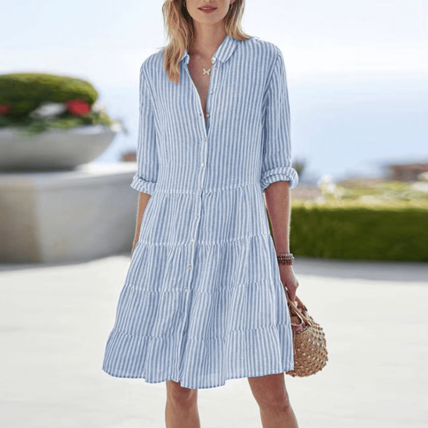 Almira | Vestido midi para mujer con rayas y botones delanteros