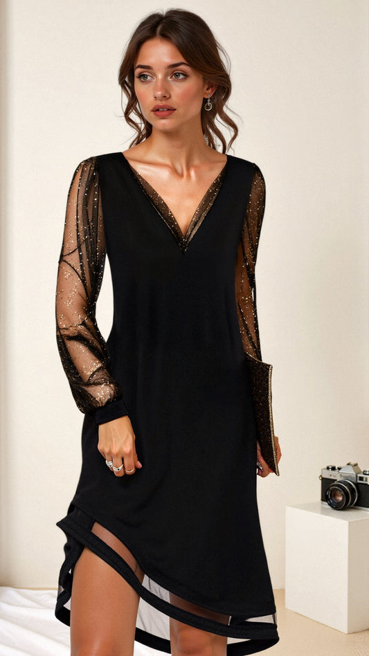 Noelia | Robe Noire Élégante Col V et Manches Longues Transparentes