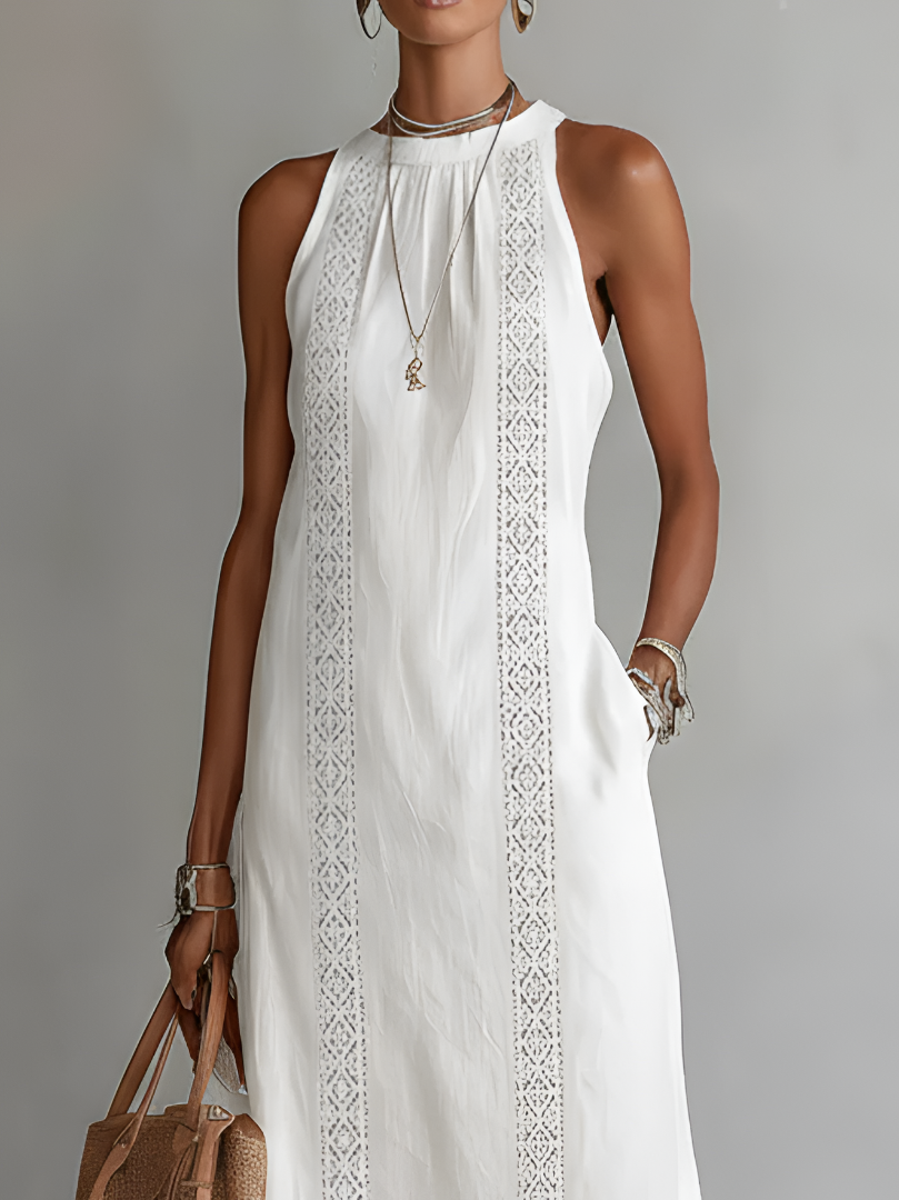Gregoria | Vestido midi bordado con cuello alto amplio