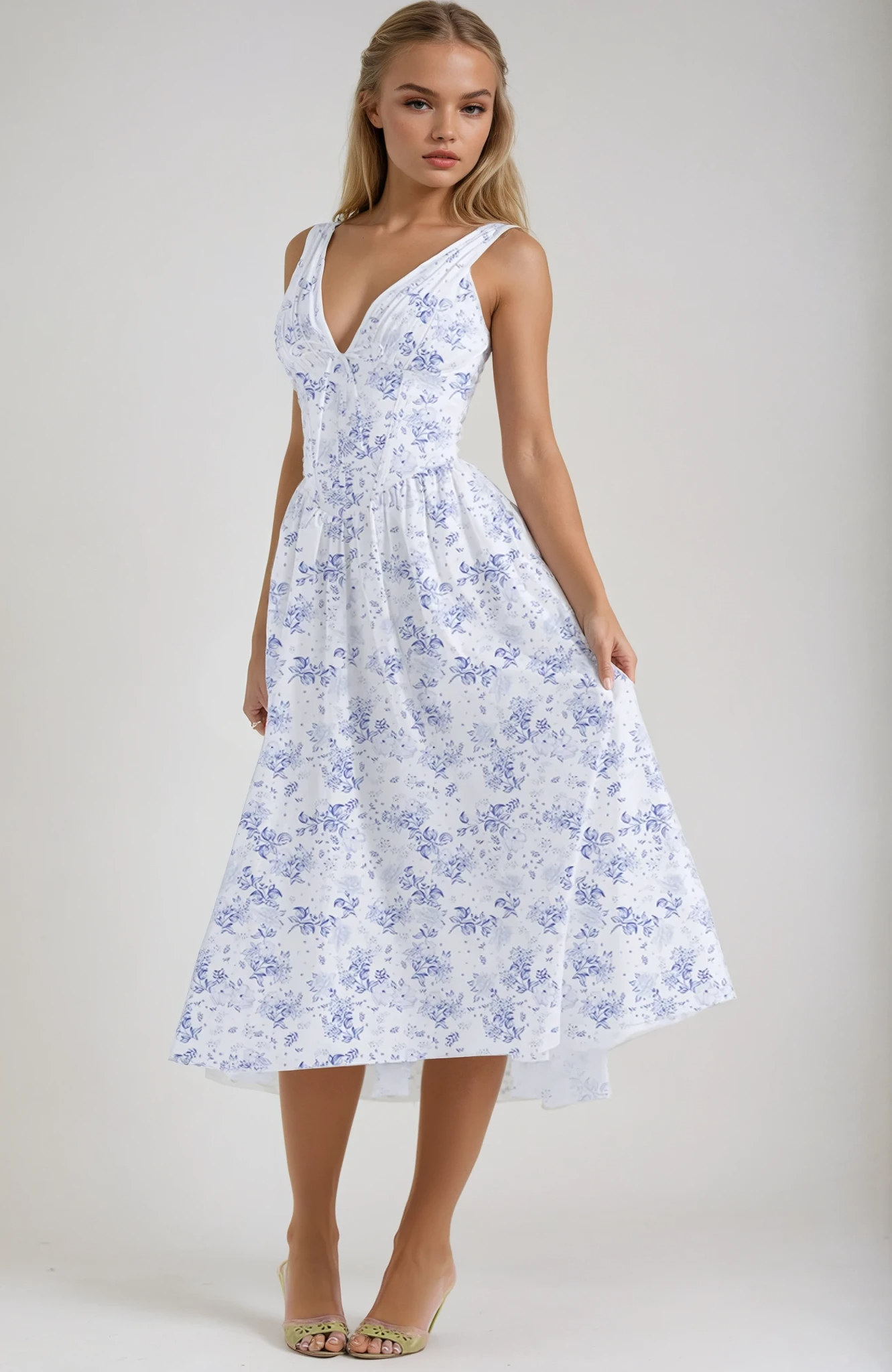 Nieves | Vestido midi para mujer con estampado floral y escote en V