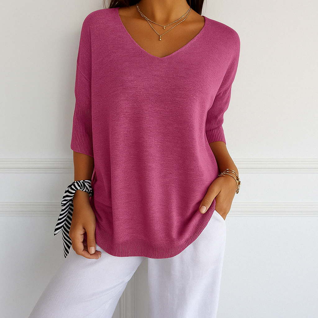 Elaris | Pull à manches courtes et col en V pour femme, coupe décontractée