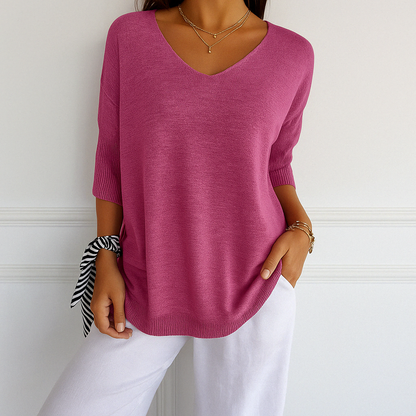 Elaris | Pull à manches courtes et col en V pour femme, coupe décontractée