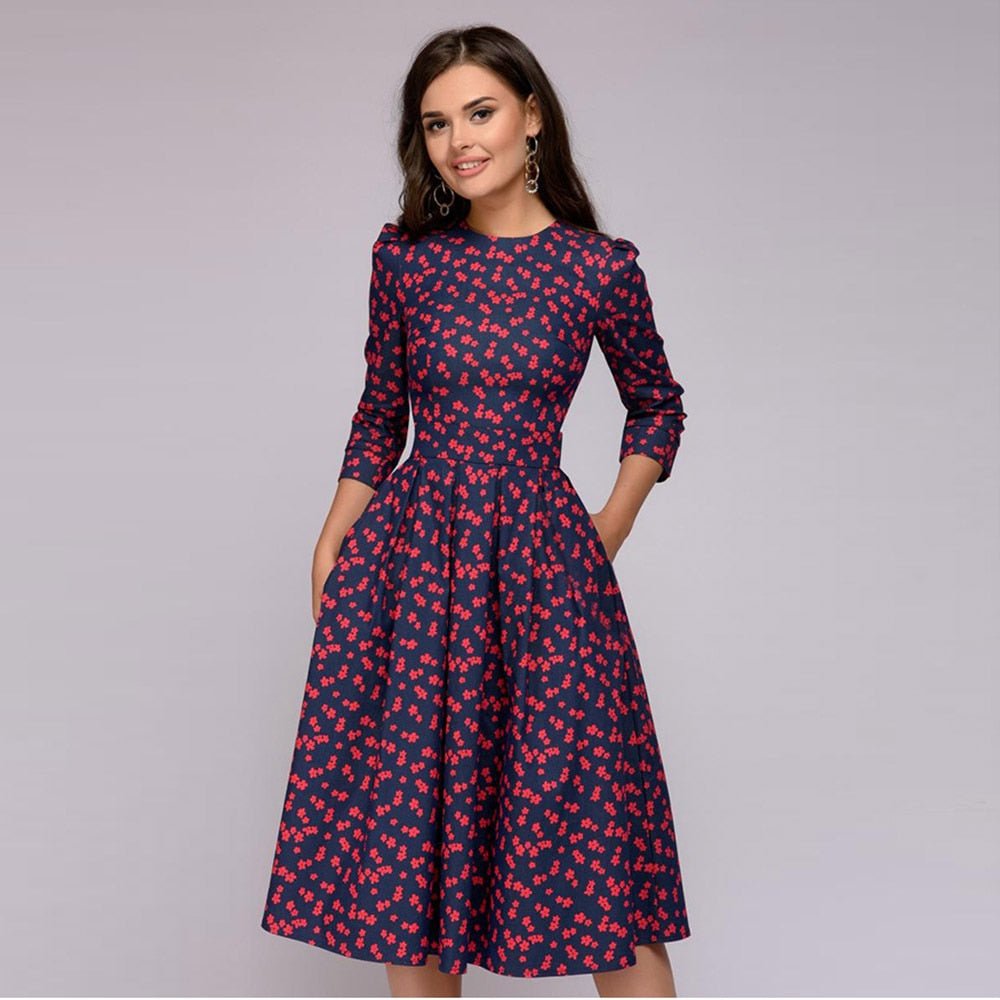 Valeria | Vestido midi con estampado floral y cuello redondo