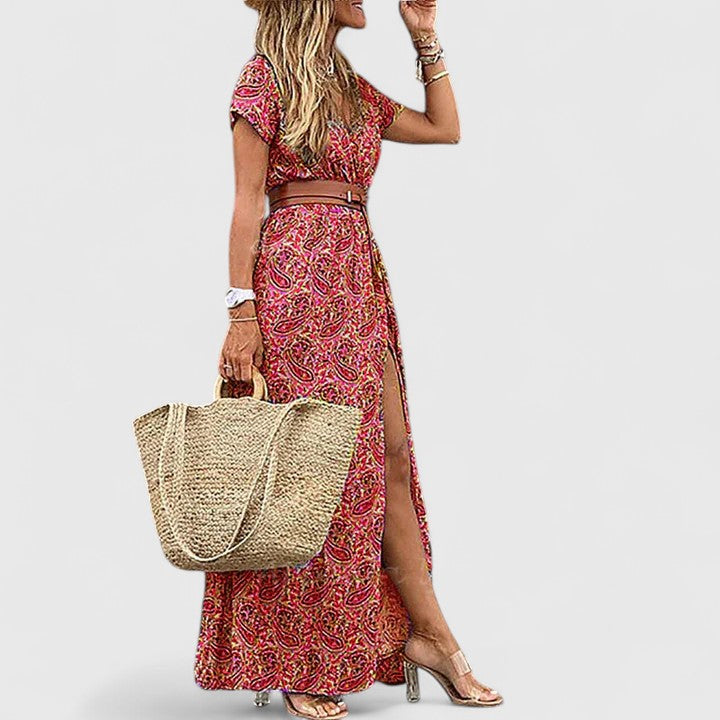 Elira | Robe maxi bohème pour femme avec col en V et manches courtes