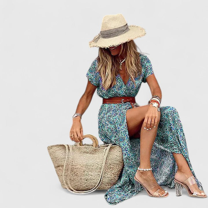 Elira | Robe maxi bohème pour femme avec col en V et manches courtes