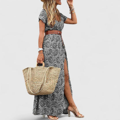 Elira | Robe maxi bohème pour femme avec col en V et manches courtes