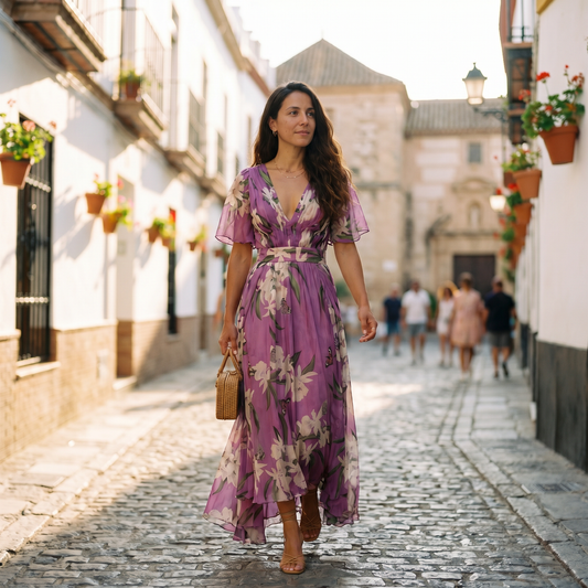 Sancha | Robe longue fleurie pour femme avec col en V et coupe confortable