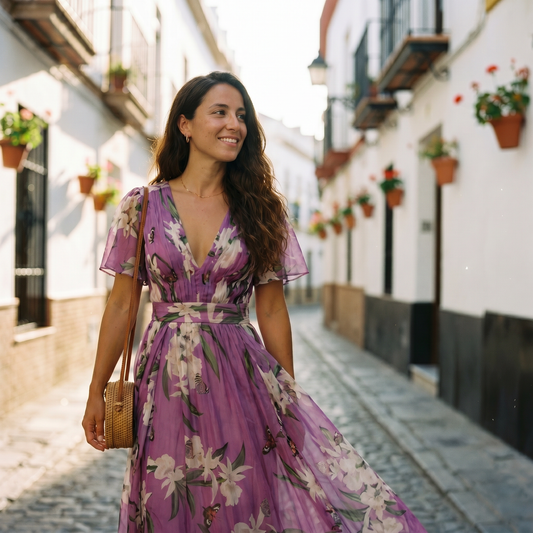 Sancha | Robe longue fleurie pour femme avec col en V et coupe confortable