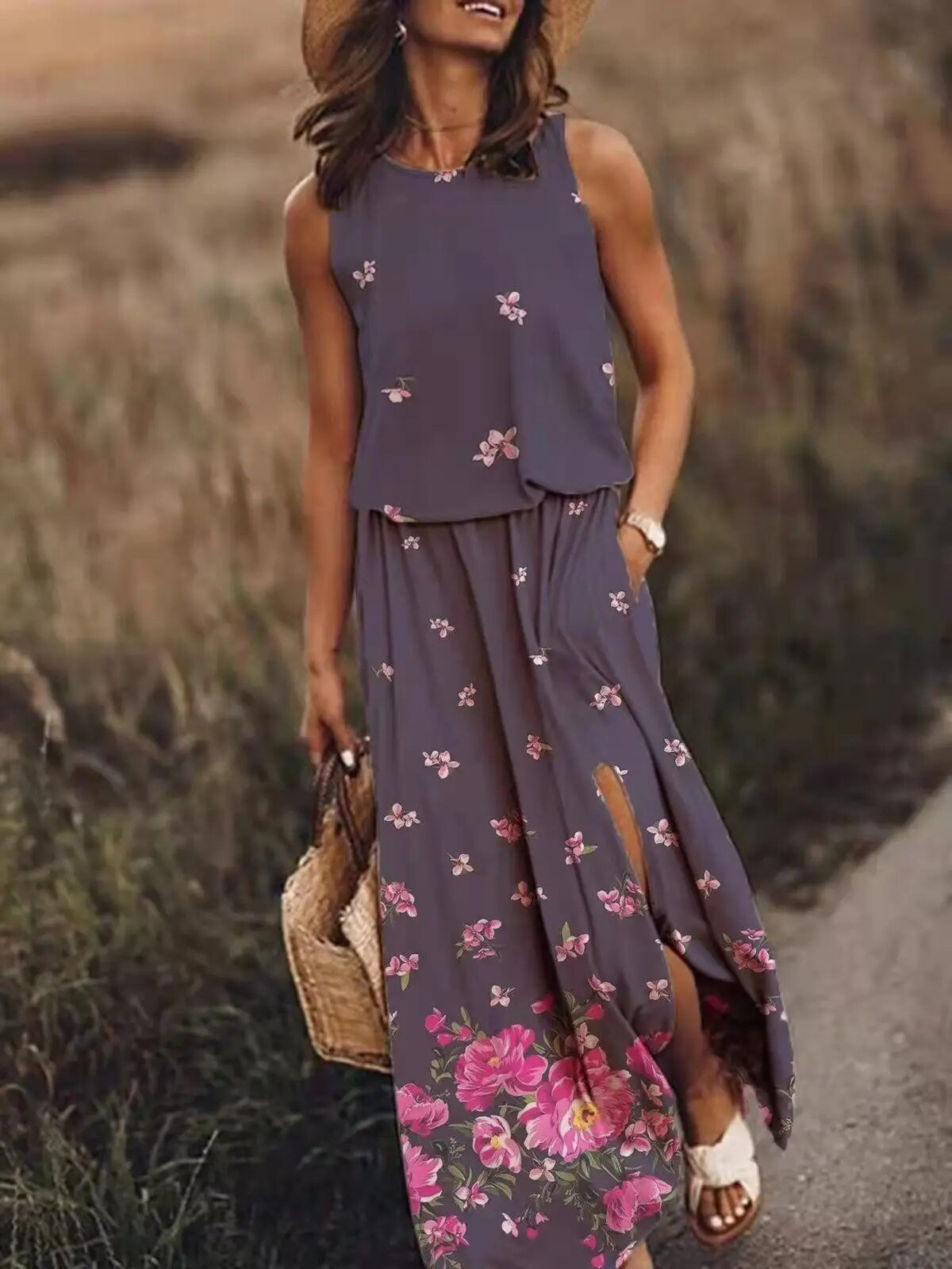 Irene | Vestido largo para mujer con estampado floral y cintura elástica