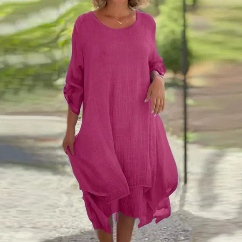 Mariela | Vestido midi para mujer con capas y manga tres cuartos
