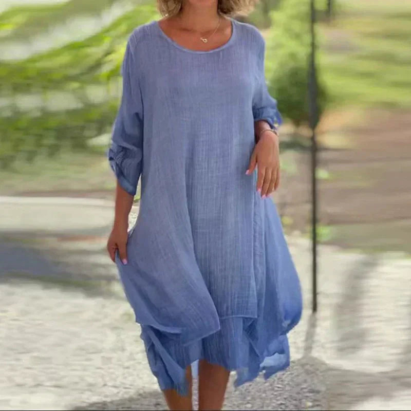 Mariela | Vestido midi para mujer con capas y manga tres cuartos