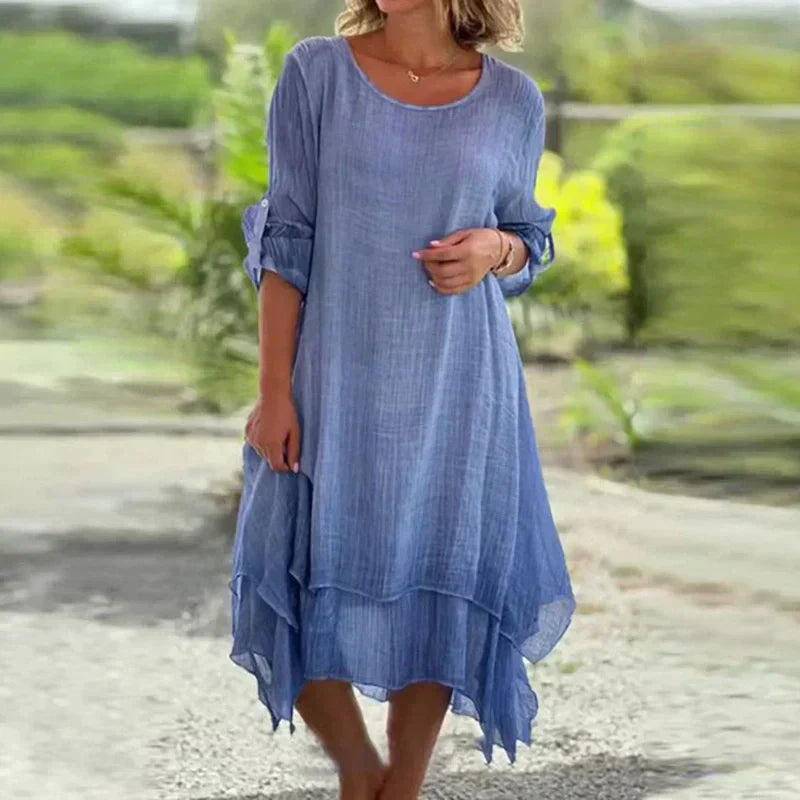 Mariela | Vestido midi para mujer con capas y manga tres cuartos