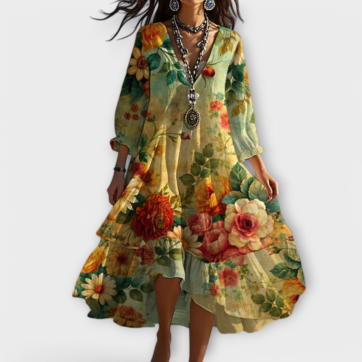 Lucía | Vestido de verano boho de mujer con escote en V y estampado floral