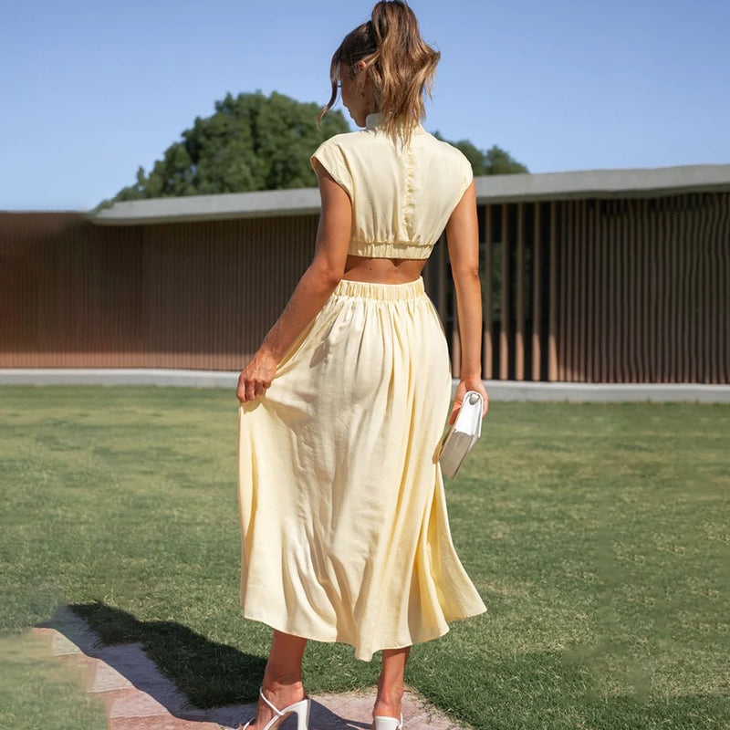 Raquel | Vestido midi con cintura recortada y frunces