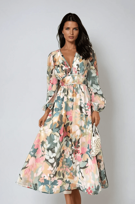 Alicia| Women's midi dress with V-neck and floral print