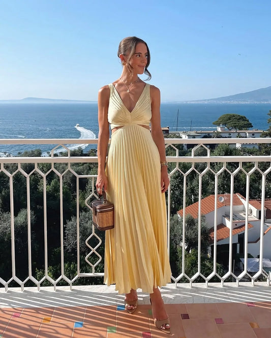 Bibiana | Vestido midi plisado para mujer con escote en V y cintura recortada