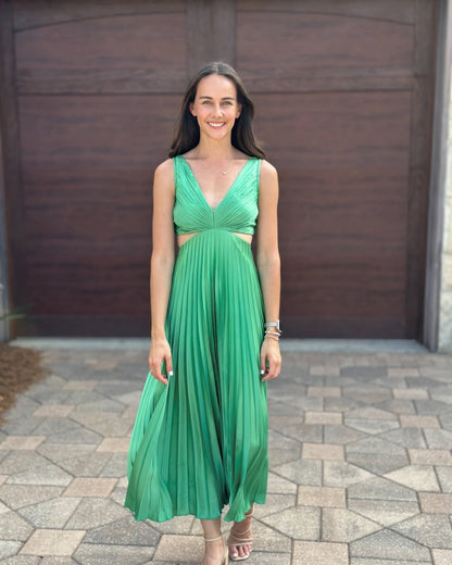 Bibiana | Vestido midi plisado para mujer con escote en V y cintura recortada