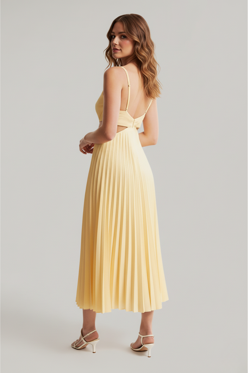 Bibiana | Vestido midi plisado para mujer con escote en V y cintura recortada