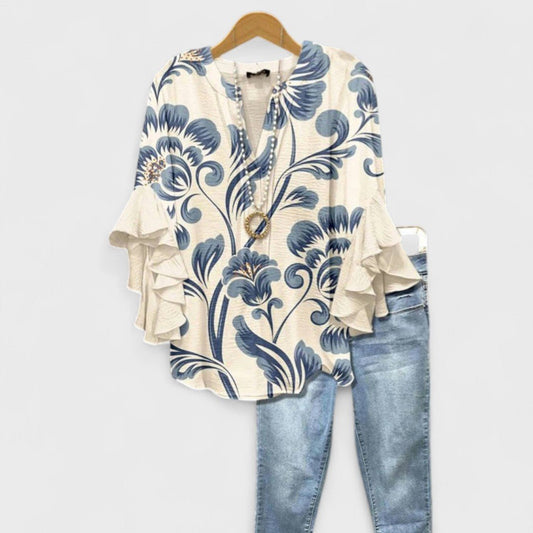 Violeta | Blusa floral para mujer con mangas de volantes y escote en V
